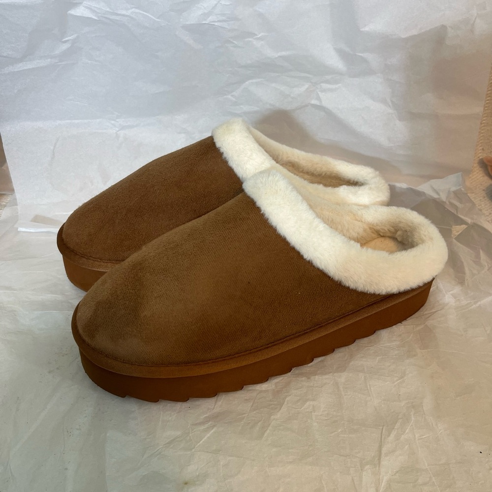 WOMENS SUEDE FAUX FUR LINED‎ CHUNKY PLATFORM CLOG MULES SLIP ON BROWN 9/10